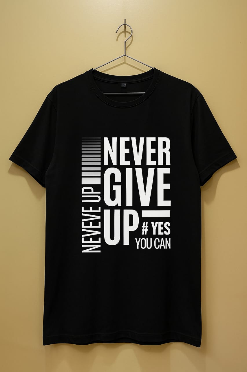 Never Give Up Black Motivational T-Shirt – Sports, Gym & Casual Wear | AthleZone