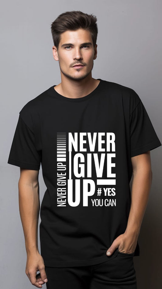 Never Give Up Black Motivational T-Shirt – Sports, Gym & Casual Wear | AthleZone