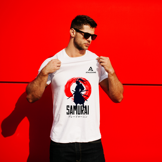 AthleZone Samurai Spirit White Graphic T-Shirt – Inspired by Strength & Discipline
